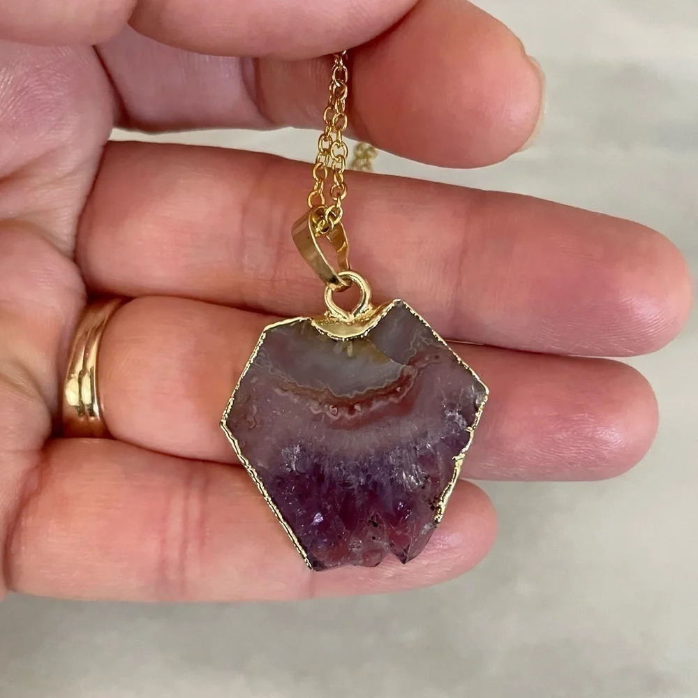 Hexagonal Amethyst Slice Pendant Necklace - Picture 8 of 9